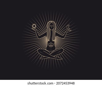 Mystic women, feminine concept illustration, beautiful esoteric women silhouettes. Flat style vector design. Print for clothes. Ritual ceremony. Linear magic drawing. On a dark background.