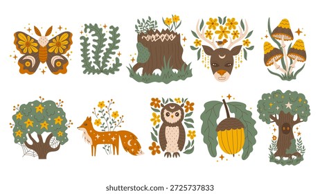 Conjunto de elementos místico de Woodland. "Celestial Fairytale Noturnal Animals and Nature" (em inglês). Coleção Whimsical Wildlife Forest Illustration. Traça plana samambaia coto veado cogumelos coruja-raposa carvalho milho Bush