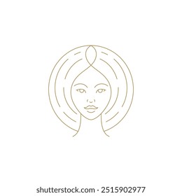 Mulher jovem mística modelo retrato círculo cabelo linha dourada arte ícone vetor ilustração. Elegante mitologia rosto feminino com beleza natural logotipo emblema de luxo para coiffure cabeleireiro maquiador