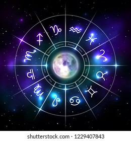 Mystic zodiac wheel with star signs in neon. Astrology circle on cosmic background and moon in middle. Mystic astronomy and fortune telling. Zodiac calendar astrology constellation vector illustration