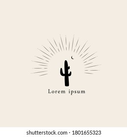 mystica cactus, crescent, sun logo design template for beauty, yoga, accessories. Celestial magic mono line.