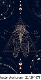 Mystical abstract image of a golden cicada on a dark blue background with astrological and cosmic elements