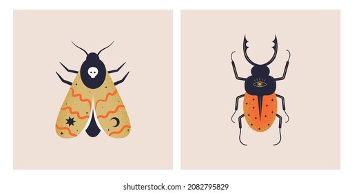 Mystical abstract moth and stag beetle with celestial symbols of stars and moon. Spiritual wicca insects for print, card, poster, design. Boho style night butterfly and bug vector illustration