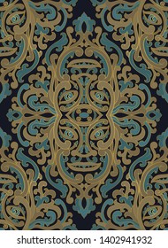Mystical abstract pattern with face. Seamless filigree ornament. Medieval template for wallpaper, textile, shawl, carpet. 