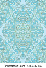 Mystical abstract pattern with face. Seamless filigree ornament. Medieval Blue template for wallpaper, textile, shawl, carpet. 