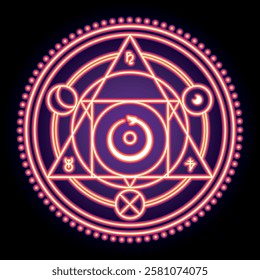 Mystical Alchemical Neon Circle with Arcane Symbols and Esoteric Patterns