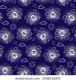 Mystical All-Seeing Eye Seamless Patterns — Vector designs featuring hand-drawn all-seeing eye within a triangle, surrounded by symbolic elements like clouds, sun, moon, stars, lotus flowers, and cosm