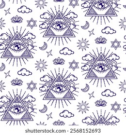 Mystical All-Seeing Eye Seamless Patterns — Vector designs featuring hand-drawn all-seeing eye within a triangle, surrounded by symbolic elements like clouds, sun, moon, stars, lotus flowers, and cosm