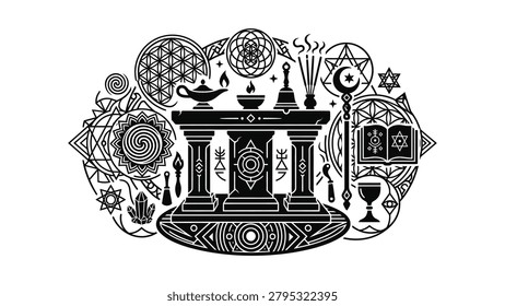 Mystical altar setup with sacred geometry, ritualistic objects, incense, and ancient symbols. Evokes spirituality, magic, and occult practices.