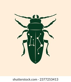 Mystical animal in boho style. Green silhouette of bug. Mysticism and esotericism, occultism, religion. Template and layout. Cartoon flat vector illustration isolated on beige background