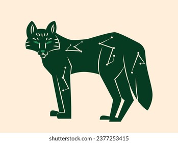 Un animal místico al estilo boho. Silueta verde de lobo. Misticismo y esoterismo, ocultismo. Elemento gráfico para el sitio web. Dibujo vectorial plano de dibujos animados aislado en fondo beige