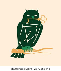 Mystical animal in boho style. Green silhouette of owl at branch. Mysticism and esotericism, occultism. Social media sticker. Cartoon flat vector illustration isolated on beige background
