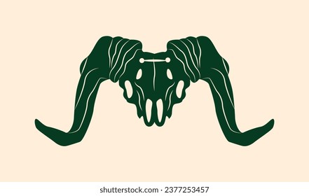 Mystical animal in boho style. Green silhouette of head of goat. Mysticism and esotericism, occultism. Template and layout. Cartoon flat vector illustration isolated on beige background