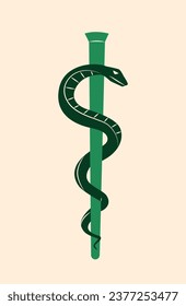 Mystical animal in boho style. Green silhouette of snake. Mysticism and esotericism, religion. Graphic element for website. Cartoon flat vector illustration isolated on beige background