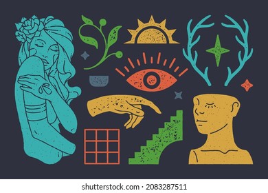 Mystical antique woman holding her shoulder with boho flower. Magic eye with hand pointing forward. Sculptural bust of sleeping man with antlers. Rising sun with stars. Vector esoteric collection