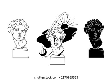 Mystical Apollo ancient greek statues, vector black white line celestial greek god silhouettes, antique bust sculptures, fantasy hand drawn compositions isolated clip art kit