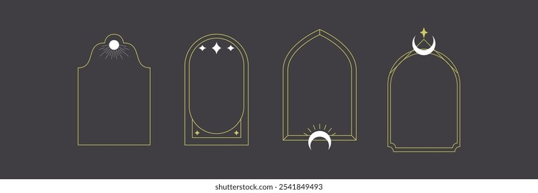 Mystical Arch Frame Vector Set with Moon and Star Elements for Elegant Boho and Celestial Decorative Designs Ideal for Branding


