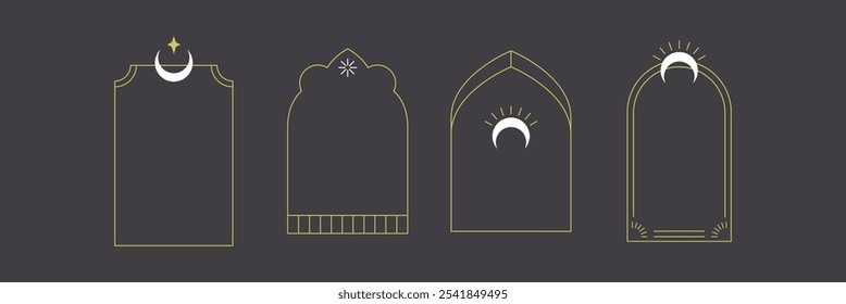 Mystical Arch Frame Vector Set with Moon and Star Elements for Elegant Boho and Celestial Decorative Designs Ideal for Branding

