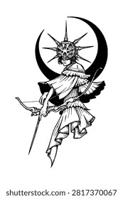 Mystical Archer Figure with Crescent Moon Illustration