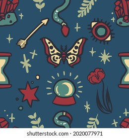 Patrón de arte místico sin problemas, tapiz de estilo bohemio, fondo de brujería, fondo mágico, patrón de iconos góticos