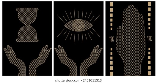 Mystical art with trendy 3D Wireframe Shapes in modern  Celestial Retro Grunge style. Set Web Posters with contemporary Y2K Masonic symbols on black background. Geometric vector for social media