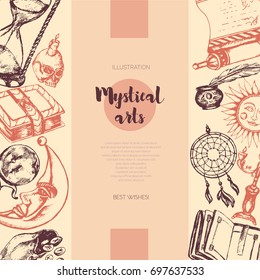 Mystical Arts - color vector drawn vintage banner, copy space. Realistic scroll, grimoire, pen, inkpot, crystal ball, candle, skull, dreamcatcher, candlestick, bag of runes, book, sun, moon, hourglass
