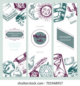 Mystical Arts - color vector drawn square banner template, copy space. Scroll, grimoire, pen, inkpot, crystal ball, candle, skull, dreamcatcher, candlestick, bag of runes, book, sun, moon, hourglass