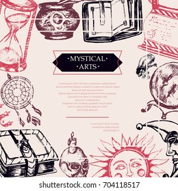Mystical Arts - color vector drawn vintage postcard, copy space. Scroll, grimoire, feather, inkpot, crystal ball, candle, skull, dreamcatcher, candlestick, bag of runes, book, sun, moon, hourglass