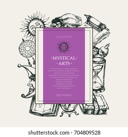Mystical Arts - modern vector drawn square postcard, copy space. Realistic scroll, grimoire, inkpot, crystal ball, candle, skull, dreamcatcher, candlestick, bag of runes, book, sun, moon, hourglass