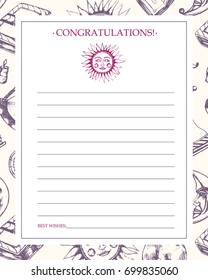 Mystical Arts - vector hand drawn rued invitation card. Scroll, grimoire, feather pen, inkpot, crystal ball, candle in a skull, dreamcatcher, candlestick, bag of runes, book, sun, moon, hourglass