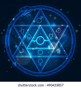 Mystical astrological sign with star of David and uroboros on shining background vector