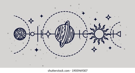 Mystical astrological vector illustration. Magic symbols. Zodiac. Astronomy. Line art illustration.