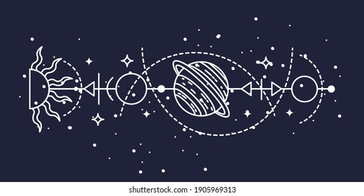 Mystical astrological vector illustration. Magic symbols. Zodiac. Astronomy. Line art illustration.