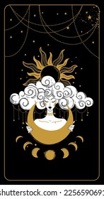 Mystical astrological woman with sun and moon, witch tattoo, tarot card, zodiac sign. Magic vector illustration on sky background.