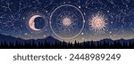 Mystical astrology banner, wheel with zodiac signs on the background of a night landscape, esoteric fortune telling poster. Vector illustration.