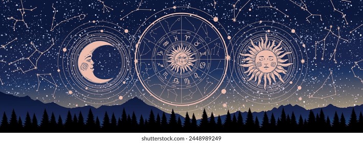 Mystical astrology banner, wheel with zodiac signs on the background of a night landscape, esoteric fortune telling poster. Vector illustration.