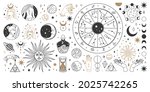 Mystical astrology, boho celestial and magic occult elements. Sacred mystic moon, sun, star, zodiac symbols and constellation vector set. Mystical and esoteric elements for astrology