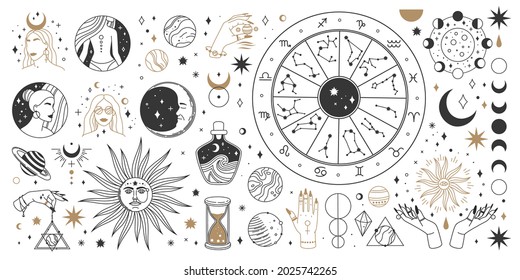 Mystical astrology, boho celestial and magic occult elements. Sacred mystic moon, sun, star, zodiac symbols and constellation vector set. Mystical and esoteric elements for astrology