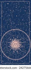 Mystical astrology card, Wheel with zodiac signs, constellations and astrological symbols. Vintage banner with copy space on blue background, vector illustration.