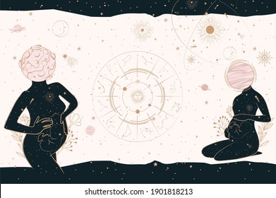 Mystical and Astrology illustration with Pregnant Women, Baby, Space objects, planet, constellation. Minimalistic objects made in the one line style. Editable vector illustration.