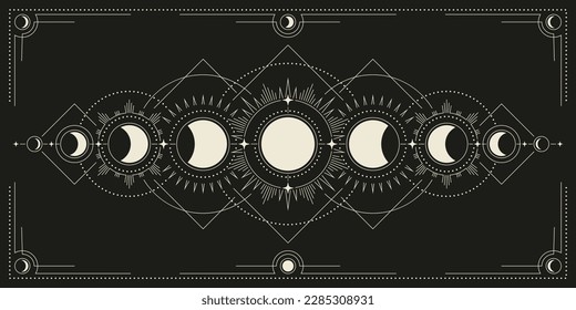 Mystical astrology poster with moon phases. Banner with magical stages of moon activity. Full moon and crescent symbol. Astronomy and the occult. Moonlight cycle. Flat linear vector illustration