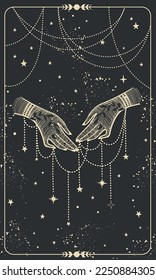 Mystical astrology tarot card, two female hands with jewelry, threads of fate, fortune telling, boho stories template. Graceful vector illustration for witch design.