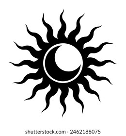 Mystical Astrology. Vintage Sun and Crescent Moon Astrological Magic Sign, Esoteric Cult Design
