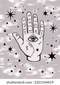 Mystical background. All-seeing eye on the palm of the hand. Vector boho illustration for palmist, numerology and astrology.