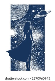 Mystical background for astrology, future prediction, dream imagination concept. A woman stands with her back in front of the entrance to the universe with planets. Vector poster.