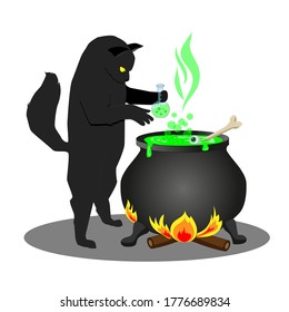 Mystical background for the Halloween holiday, with a black cat-a sorcerer who brews a potion in a large cauldron.
