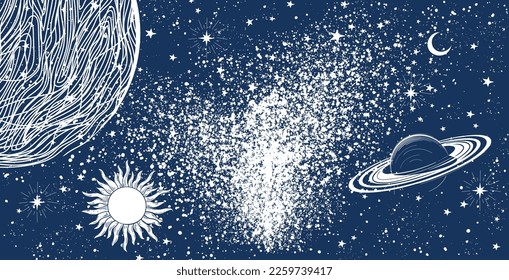 Mystical background with planets for astrology, zodiac, divination. Vector graphics, hand drawing, magic illustration, explosion in space. Vector illustration.