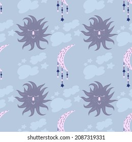 Mystical background with sun and clouds.Magic astrology and the starry sky. Vector illustration for baby textiles. Seamless pattern for kids