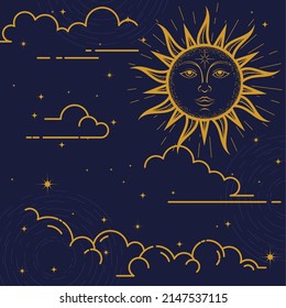 Mystical Background, Sun With Face, Clouds And Stars, Esoteric And Astrological Design, Magic Sun, Vector