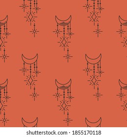 Mystical background texture. Red background with Crescent moons and stars. Background concept: Ethno and esotericism, mysticism and the mystery of magic. A beautiful pattern for an enchanted book